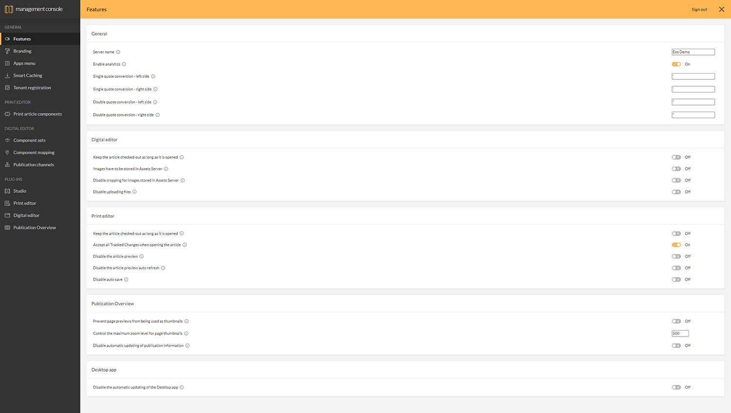 The Studio features page in the Management Console