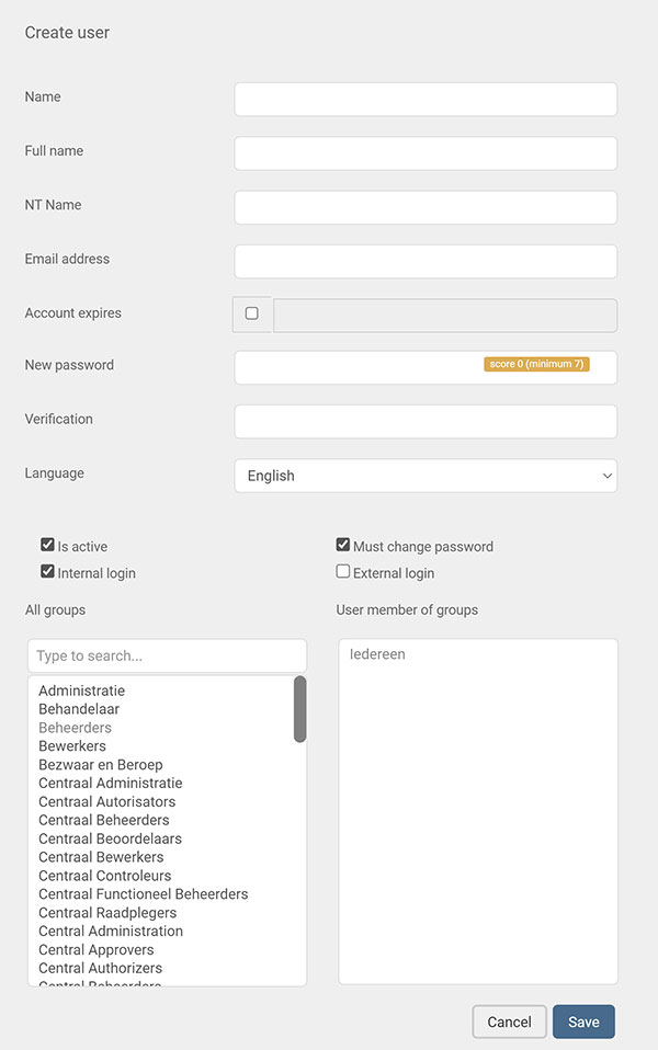 The Create user panel