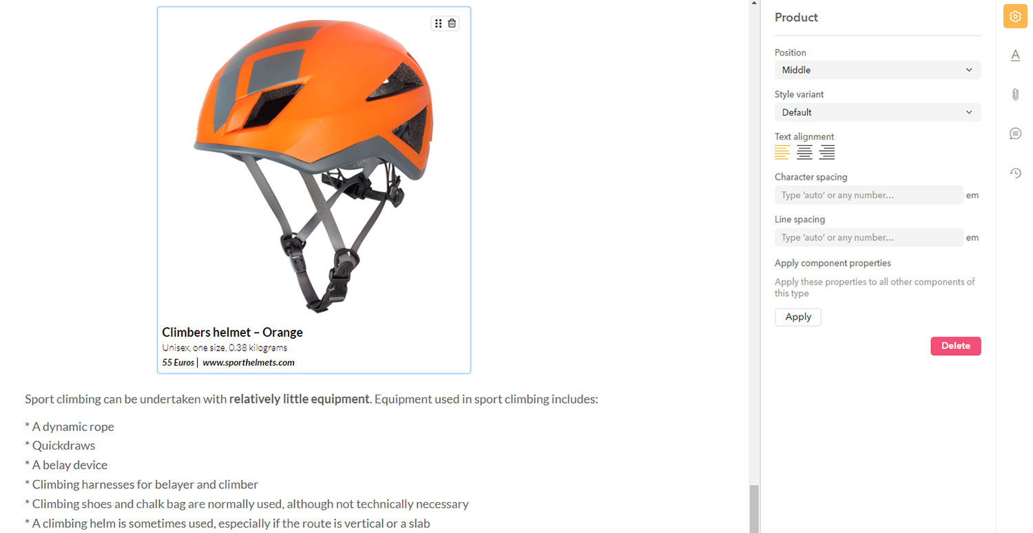 A filled product component