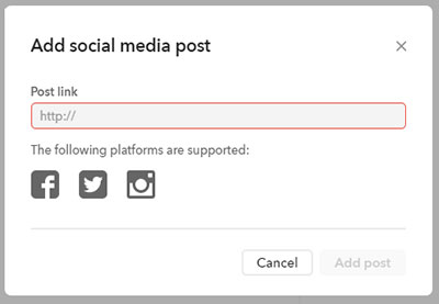 The Add social media component window