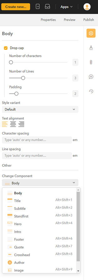 The Change Component option in the Properties panel