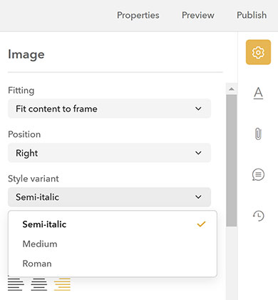 Style variant options in the Properties panel for a component