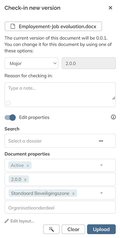 The Check-in new version panel after a file has been added
