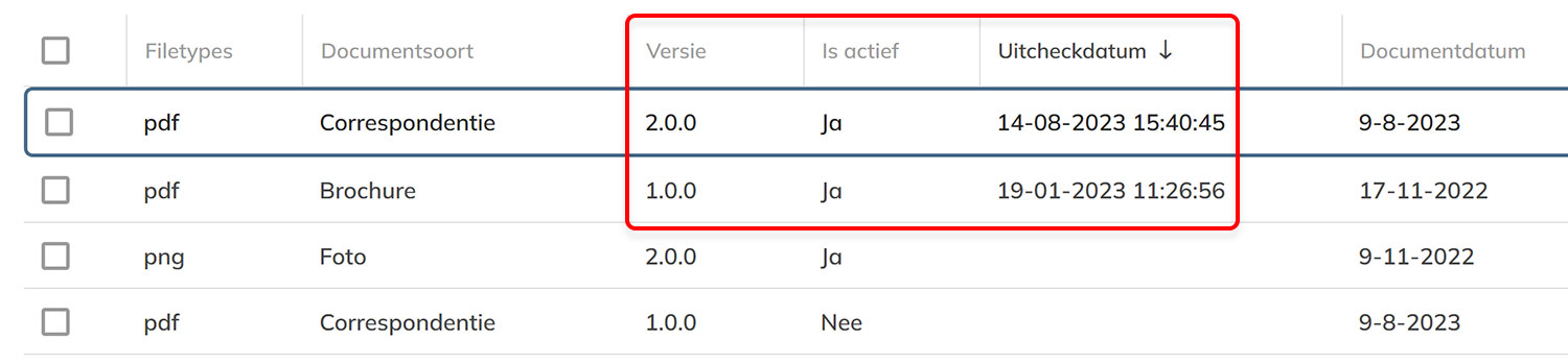 Kolommen met versie- en uitcheckinformatie