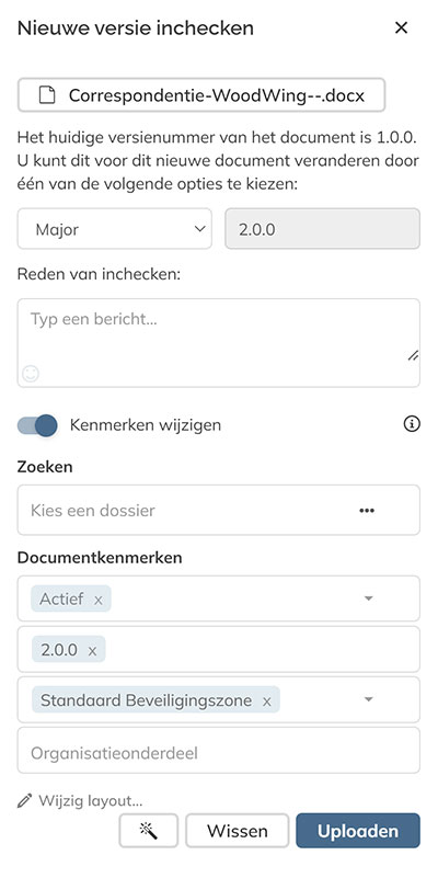 Het paneel Nieuwe versie inchecken nadat een bestand is toegevoegd