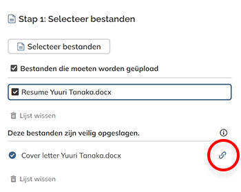 Het link-icoon voor het kopiëren van een link naar het document nadat deze is toegevoegd