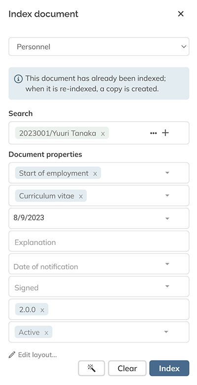 The Index document panel