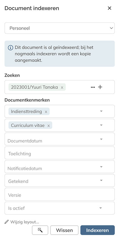Het paneel Document indexeren