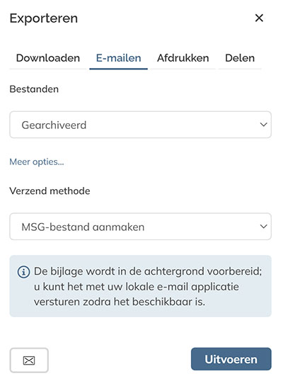 Het tabblad e-mailen in het deelvenster Exporteren