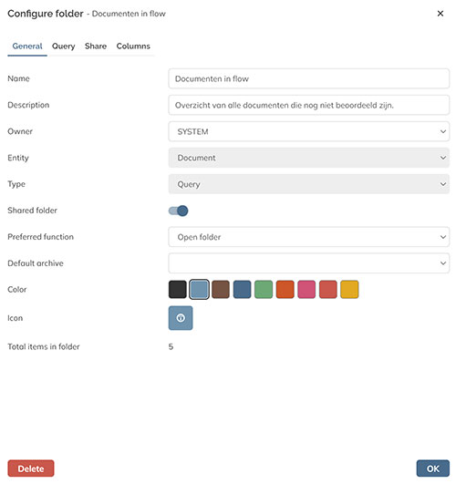 The Configure folder panel