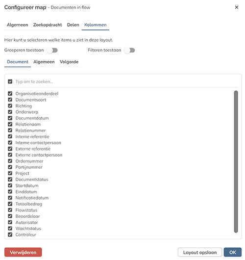 Het tabblad Kolommen in het paneel voor het configureren van de mapinstellingen