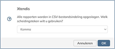 Het dialoogvenster voor het kiezen van het scheidingsteken dat moet worden gebruikt in het CSV-bestand voor een maprapport