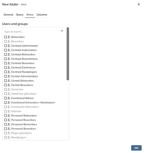 The Permissions tab in the panel for creating a new folder