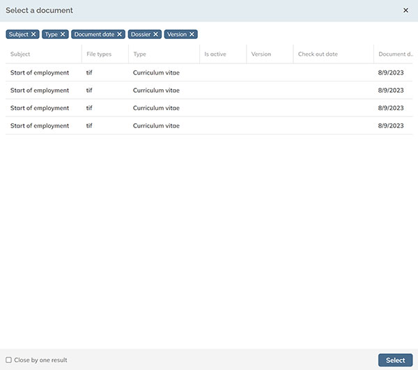 The panel showing the documents that share the same properties