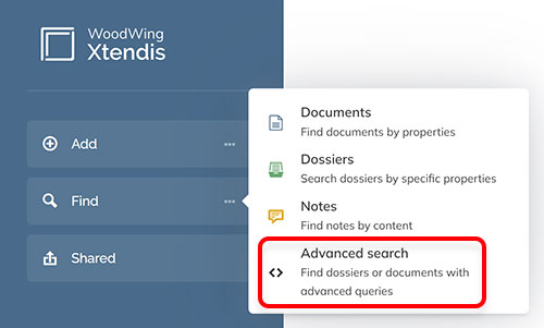 The Advanced Search option in the menu of the Find option on the Dashboard