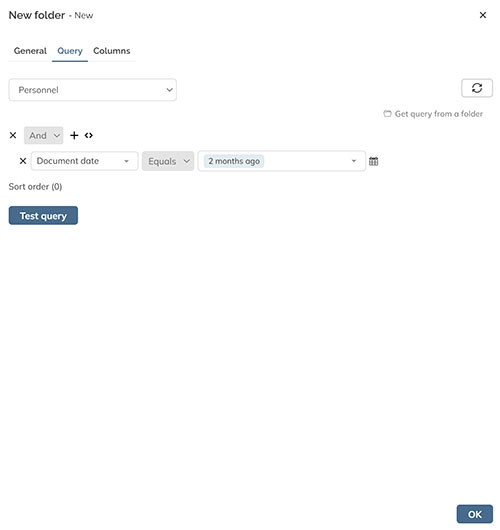 The query options in the New folder panel
