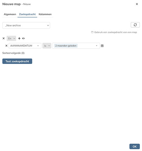 De query-opties in het paneel Nieuwe map