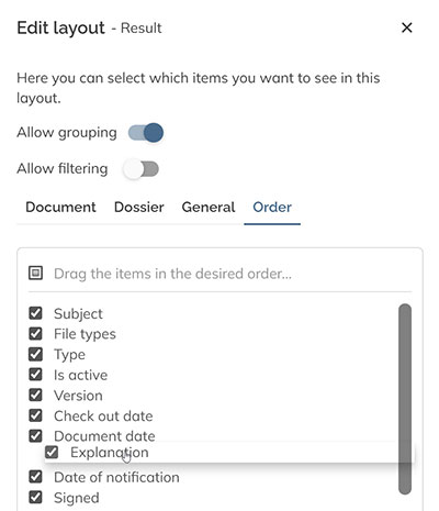 Changing the order of columns in the Column settings panel