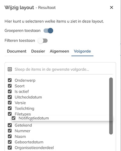 De volgorde van de kolommen veranderen in het paneel Kolominstellingen