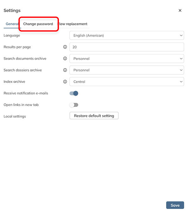 The Change password tab in the Settings screen.