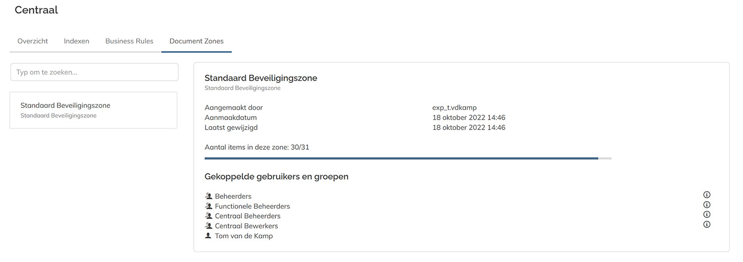 Het tabblad Documentzones van de pagina Archiefdetails