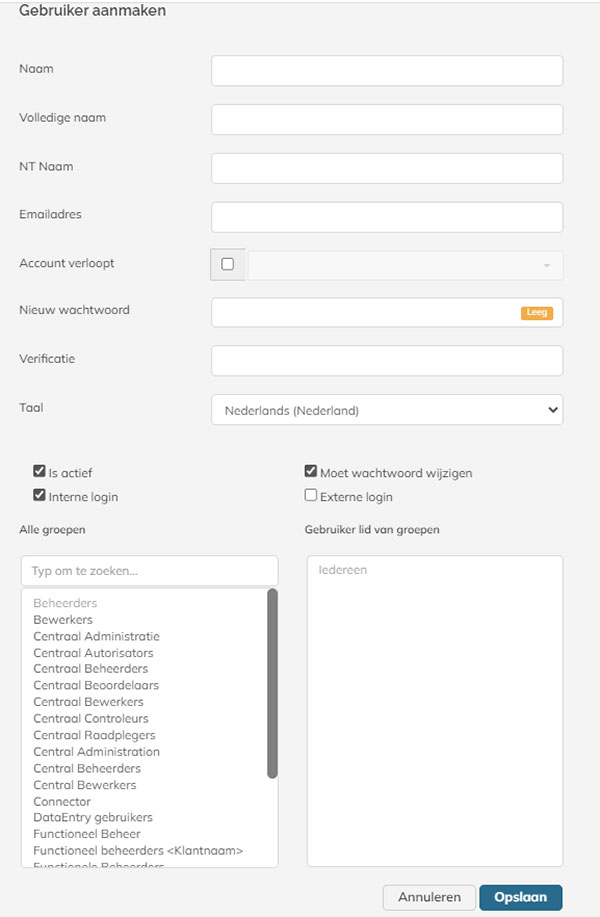 Het paneel Gebruiker aanmaken