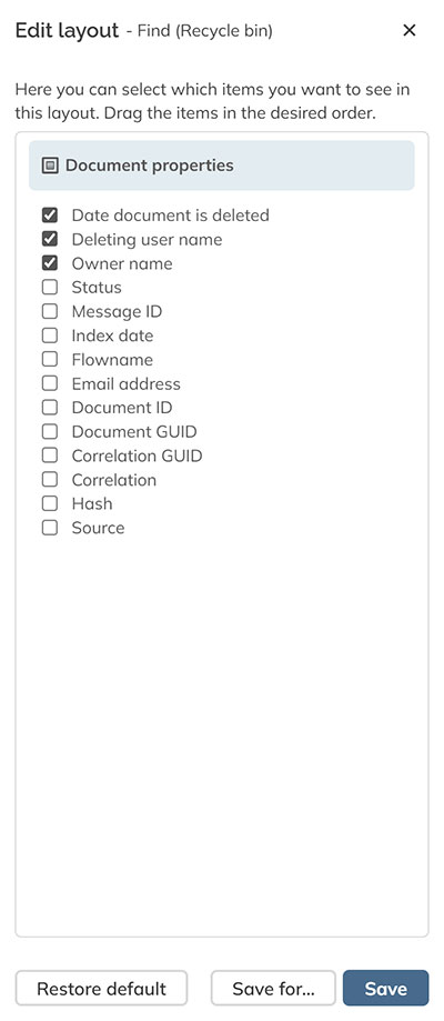 The panel for editing a layout