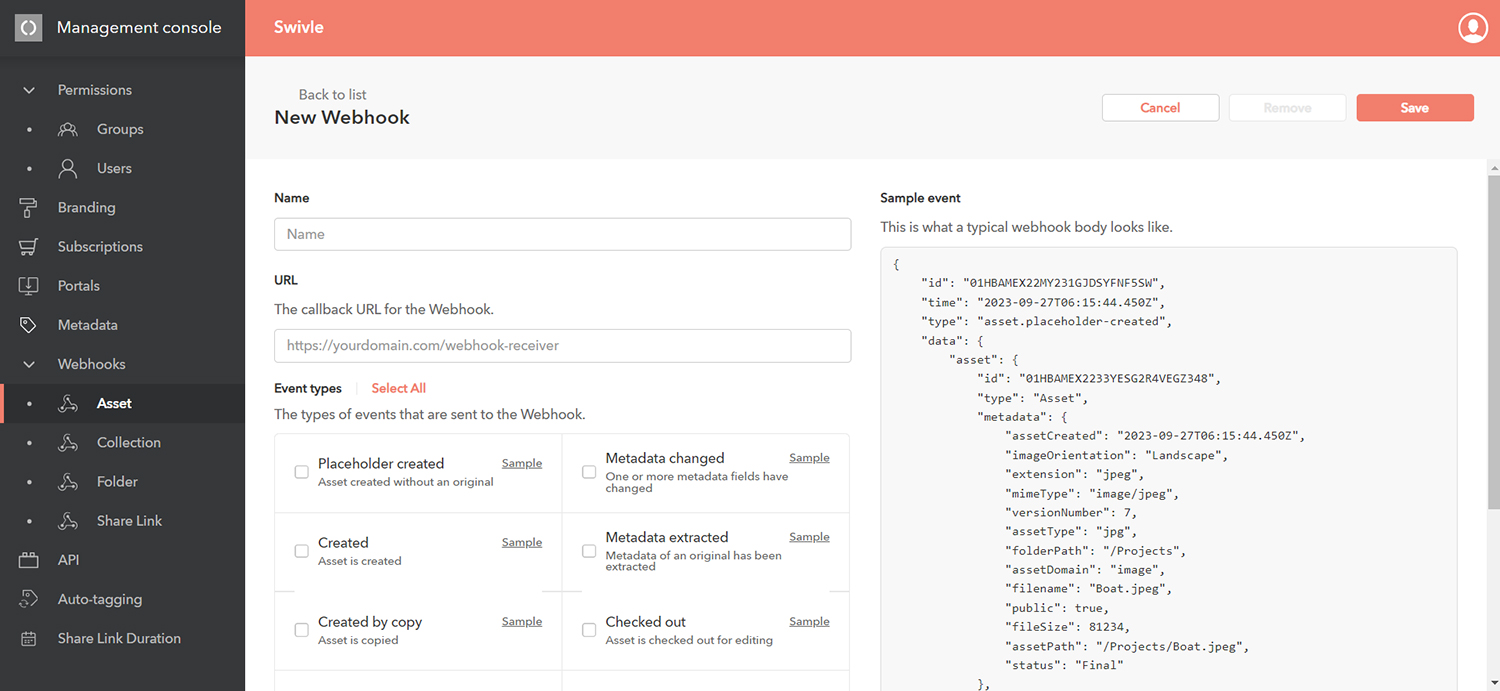 The Webhooks page in the Management Console