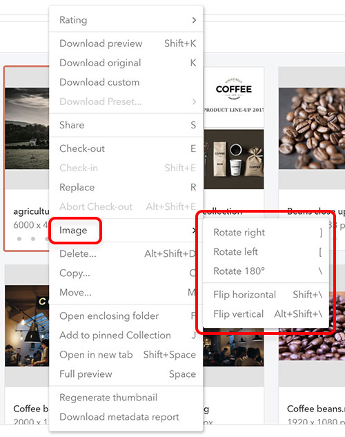 The commands in the context menu of a file for rotating and flipping an image