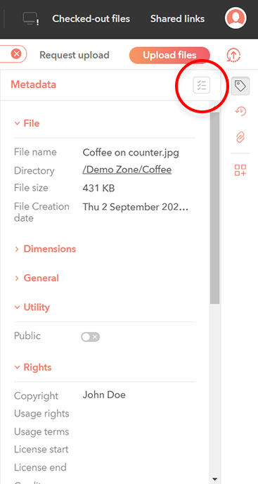 The Configure Metadata icon in the Metadata panel