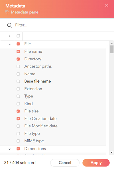 The Configure Metadata panel