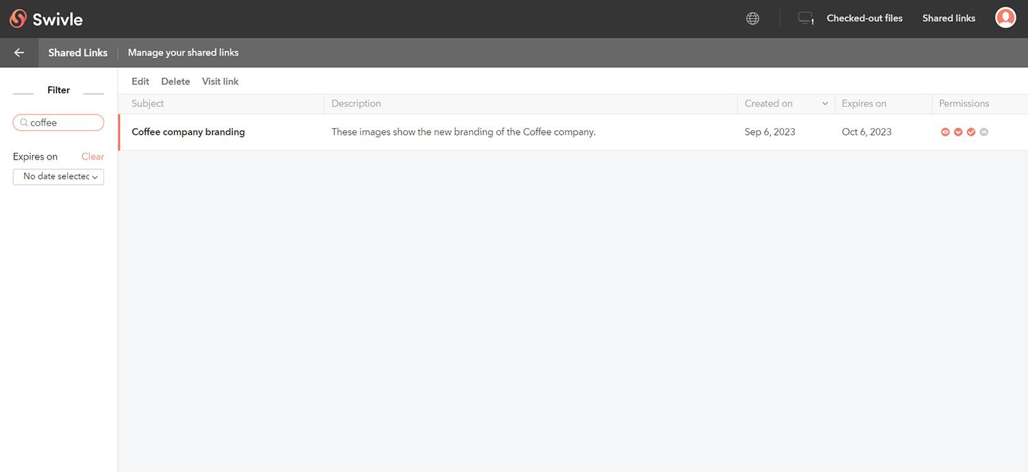 Managing Shared Links on the Shared Links page