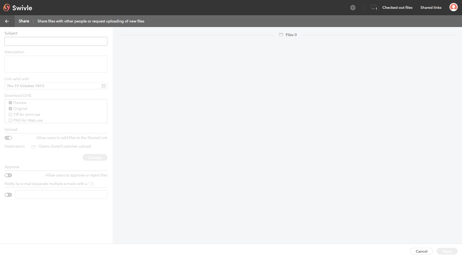 The page for creating a Shared Link