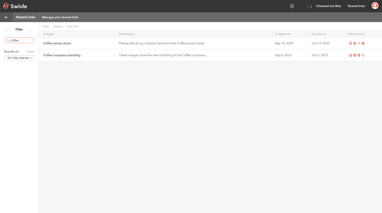 Managing Shared Links on the Shared Links page