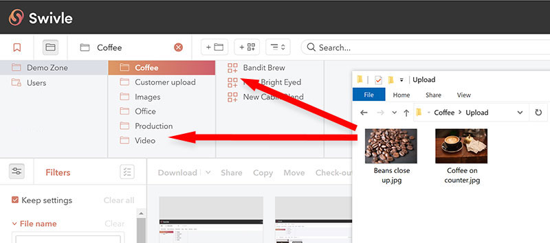 Uploading files by dragging them to the Folder browser