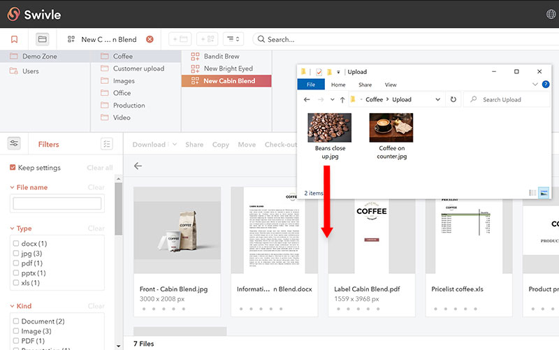 Uploading files by dragging them onto an opened folder or Collection
