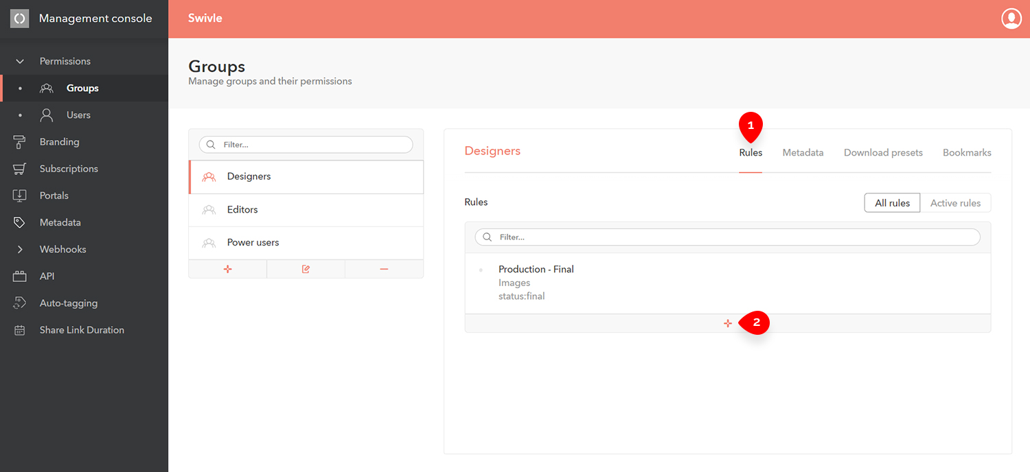 The Rules tab and the Add Rule button on the Groups page in the Management Console