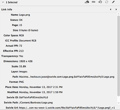 Swivle for InDesign information in the Info pane of the Links panel
