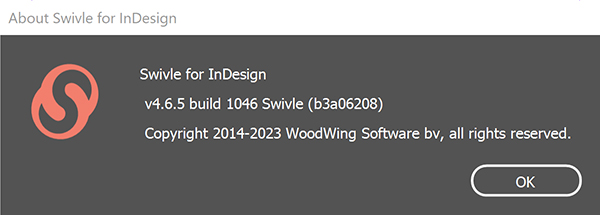 The About dialog shows the version of Swivle for InDesign that is installed