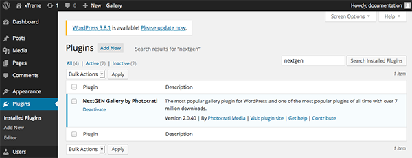 The NextGen plugin installed in WordPress
