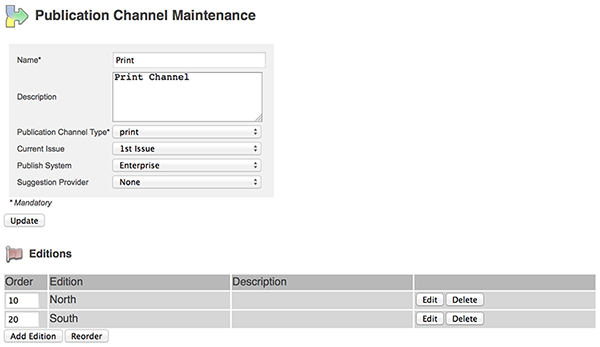 The Editions section on the Publication Channel Maintenance page