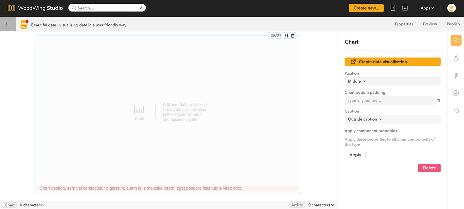 An empty Data component and the Properties panel opened