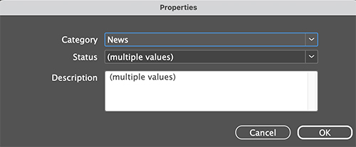 The Properties dialog showing properties with multiple values