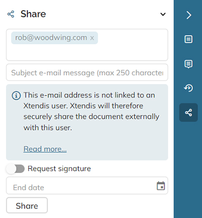 When sharing a document to an unknown e-mail address, a message appears
