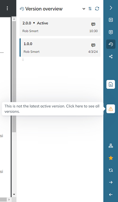 A warning appears when viewing a document which is not the active version