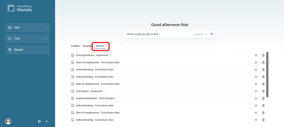 The list of recently viewed documents on the Dashboard