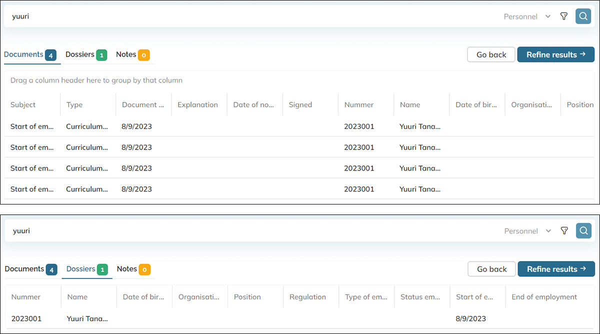 An example of grouped search results