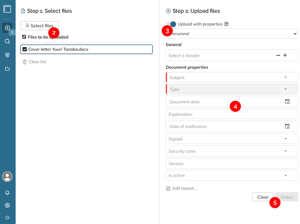 Steps 2 to 5 of uploading a document