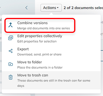 The Combine versions option in the Action menu