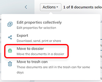 The Move to dossier option in the Action menu of a document